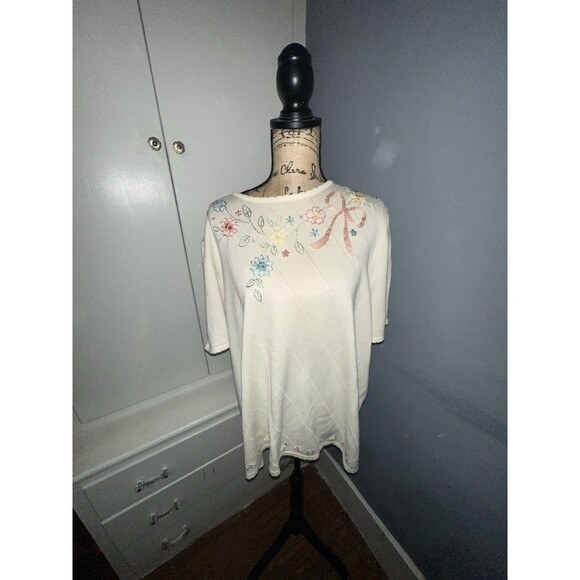 Alfred Dunner Floral Embroidered Beaded Sweater Short Sleeve Casual Size 2X - Picture 1 of 7